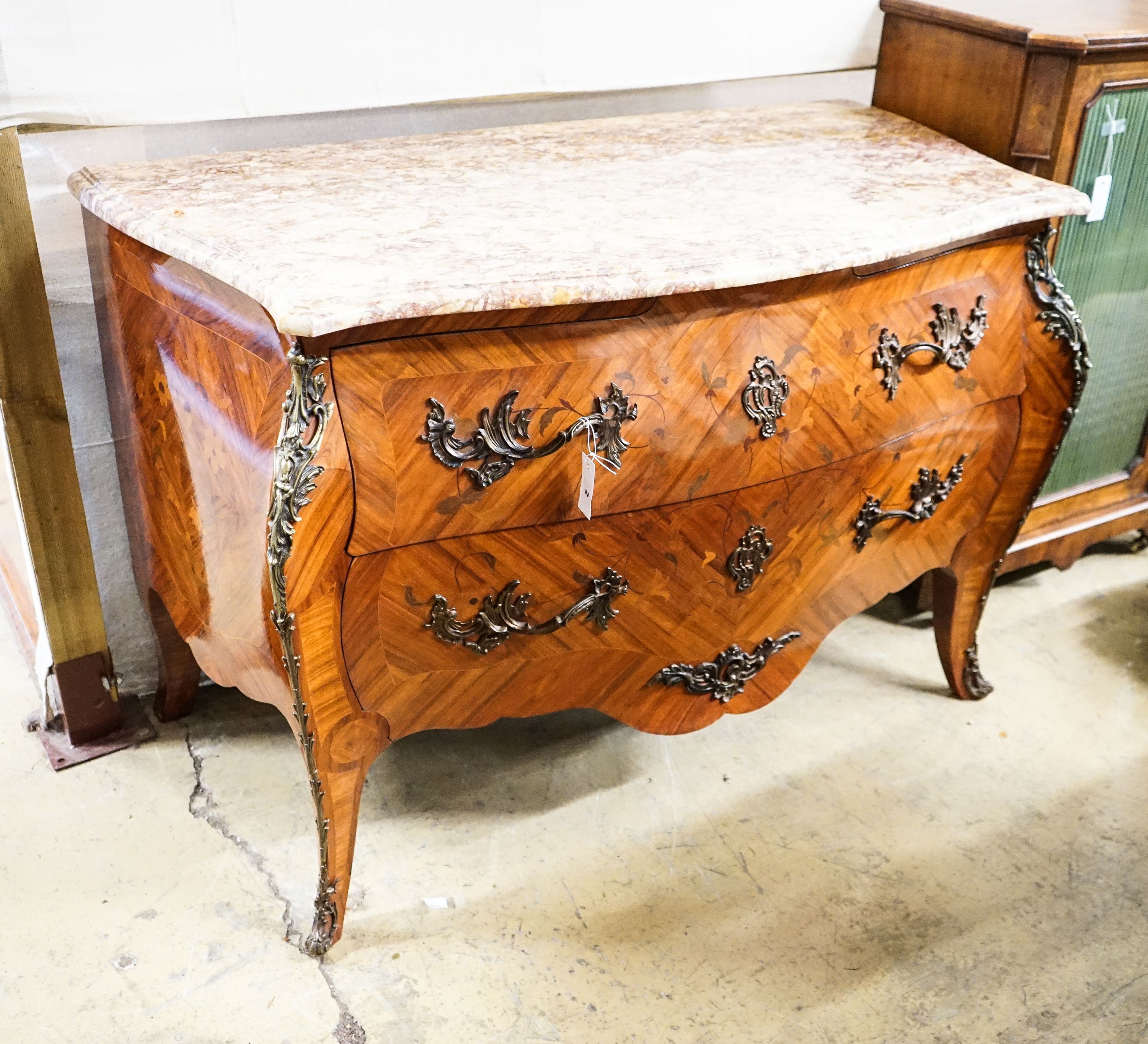 A Louis XV Design marquetry inlaid Kingwood marble top bombe commode, width 120m, depth 64cm, height 84cm